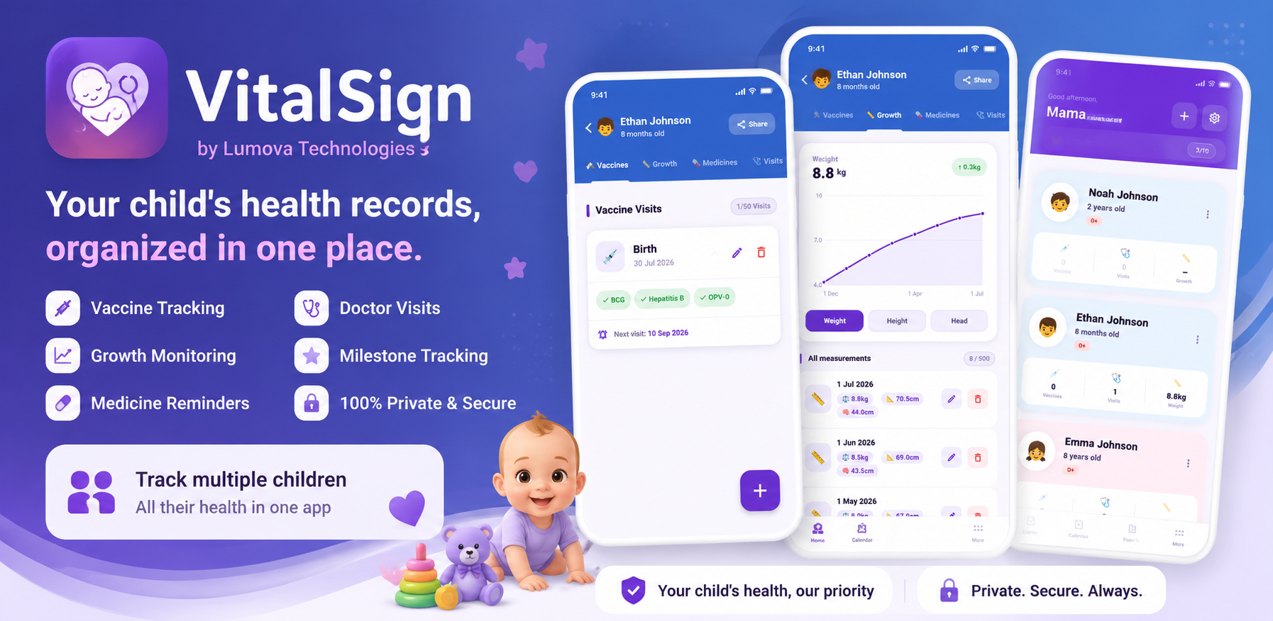 VitalSign child health records app showing vaccines, growth and multiple children