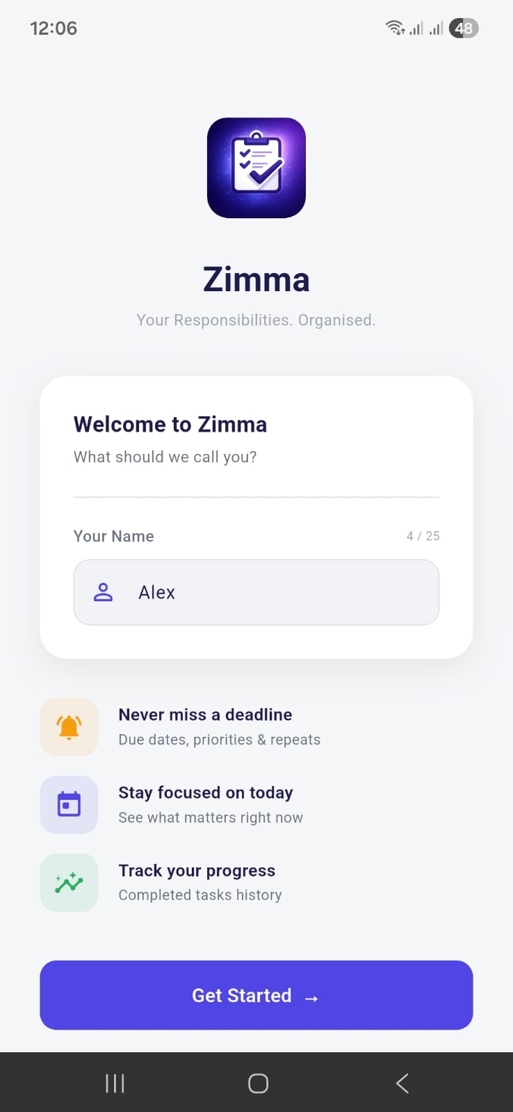 Zimma welcome screen